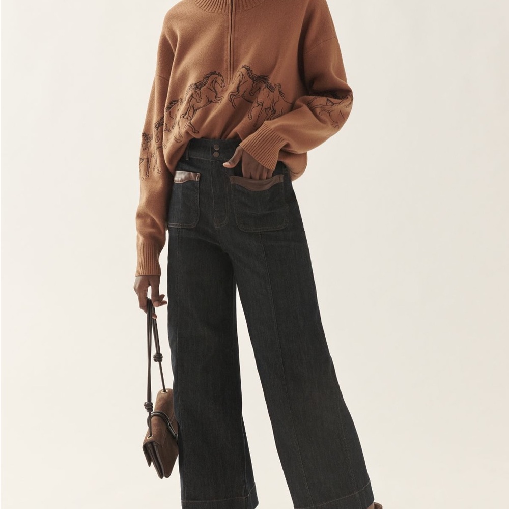 Maeve Contrast-Stitch High Rise Crop Wide Leg Jeans. Size 25T.